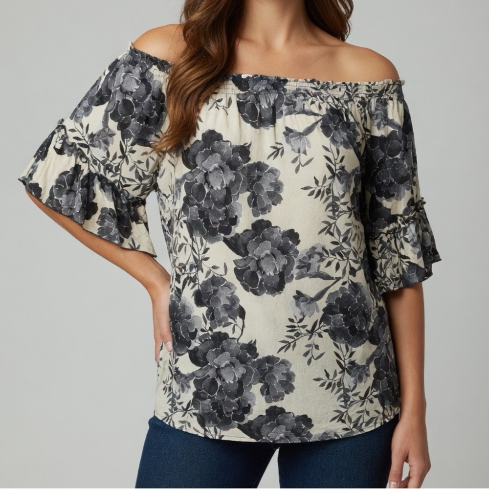 Weekend by Suzanne Betro Off The Shoulder Floral Ruffle Sleeve  Top Sz XL